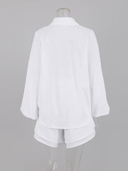 Cotton Linen Women's Long Sleeved Shirt Top Ruffle Shorts 2 Piece