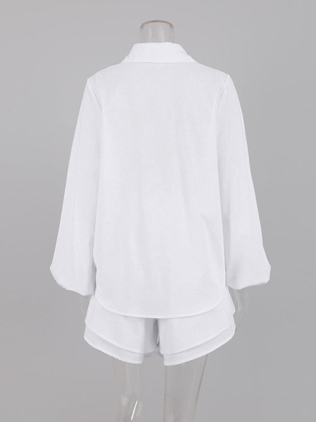 Cotton Linen Women's Long Sleeved Shirt Top Ruffle Shorts 2 Piece