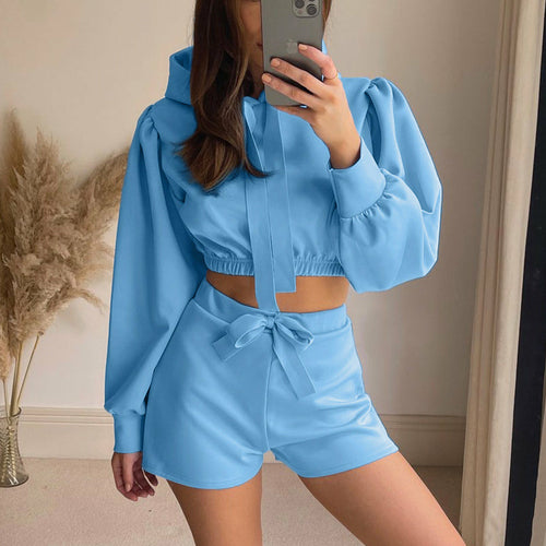 Solid Tracksuit Sportswear Women Long Sleeve Hooded Sweatshirt And Tie