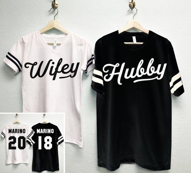 HUBBY & WIFEY Shirts CUSTOM Names + Numbers Set