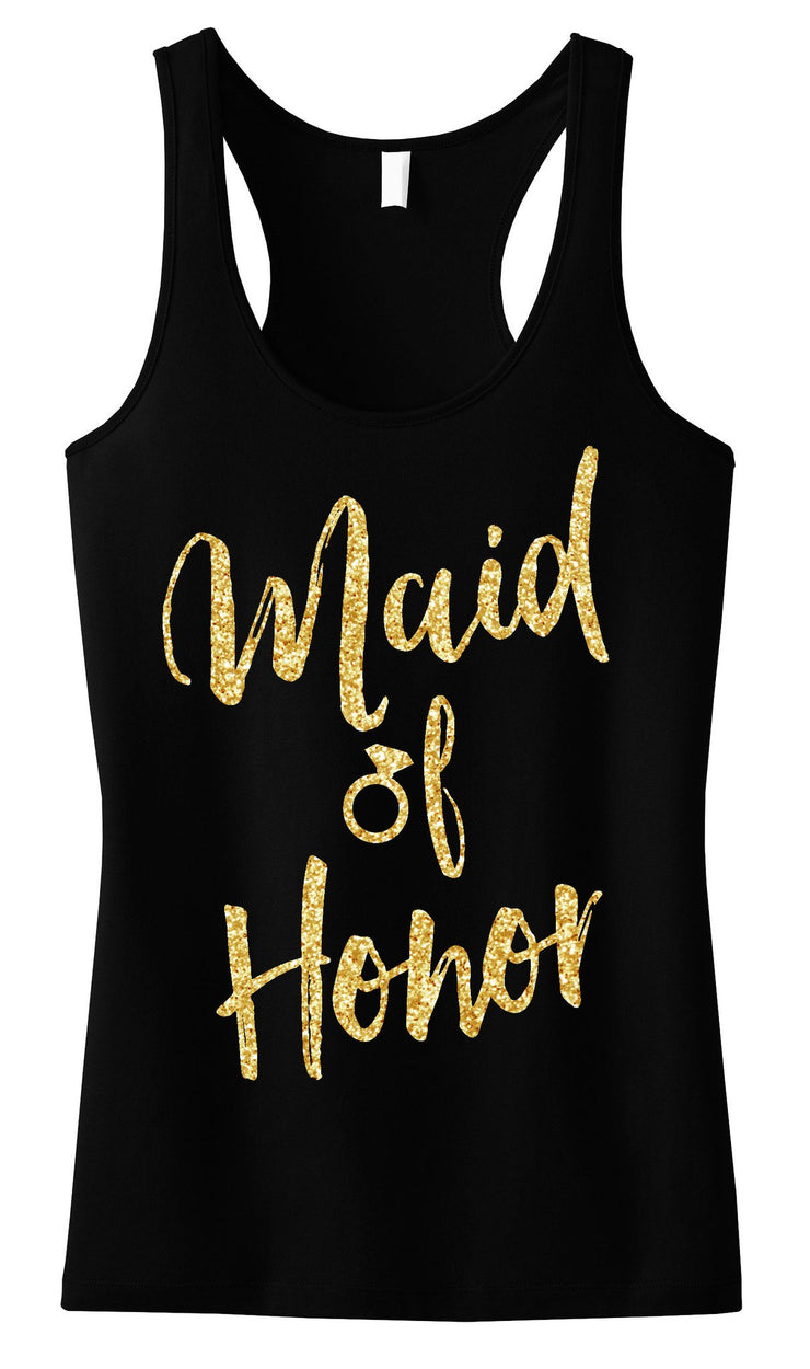 Maid of Honor Script Tank Top with Gold Glitter - Pick Color