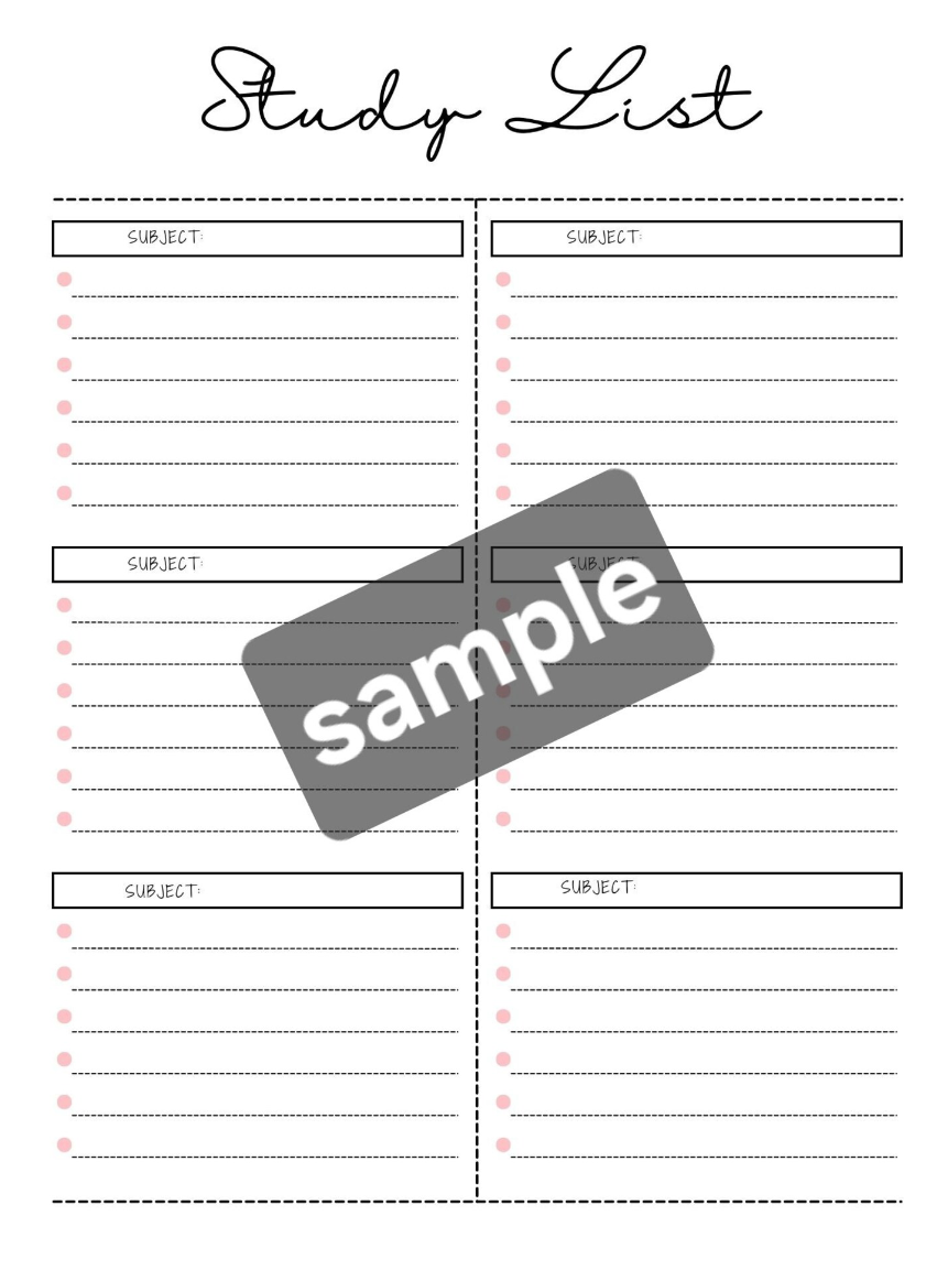 The Bradley Bunch -study list digital printable download to improve organization in college or high school