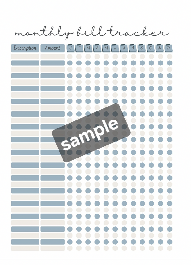 The Bradley Bunch - monthly bill tracker digital download printable