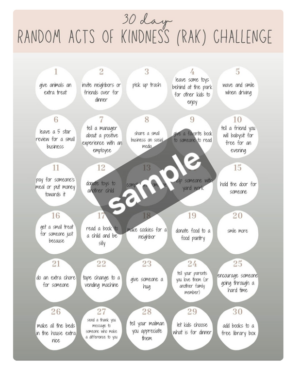 The Bradley Bunch - 30 day random acts of kindness challenge printable download digital