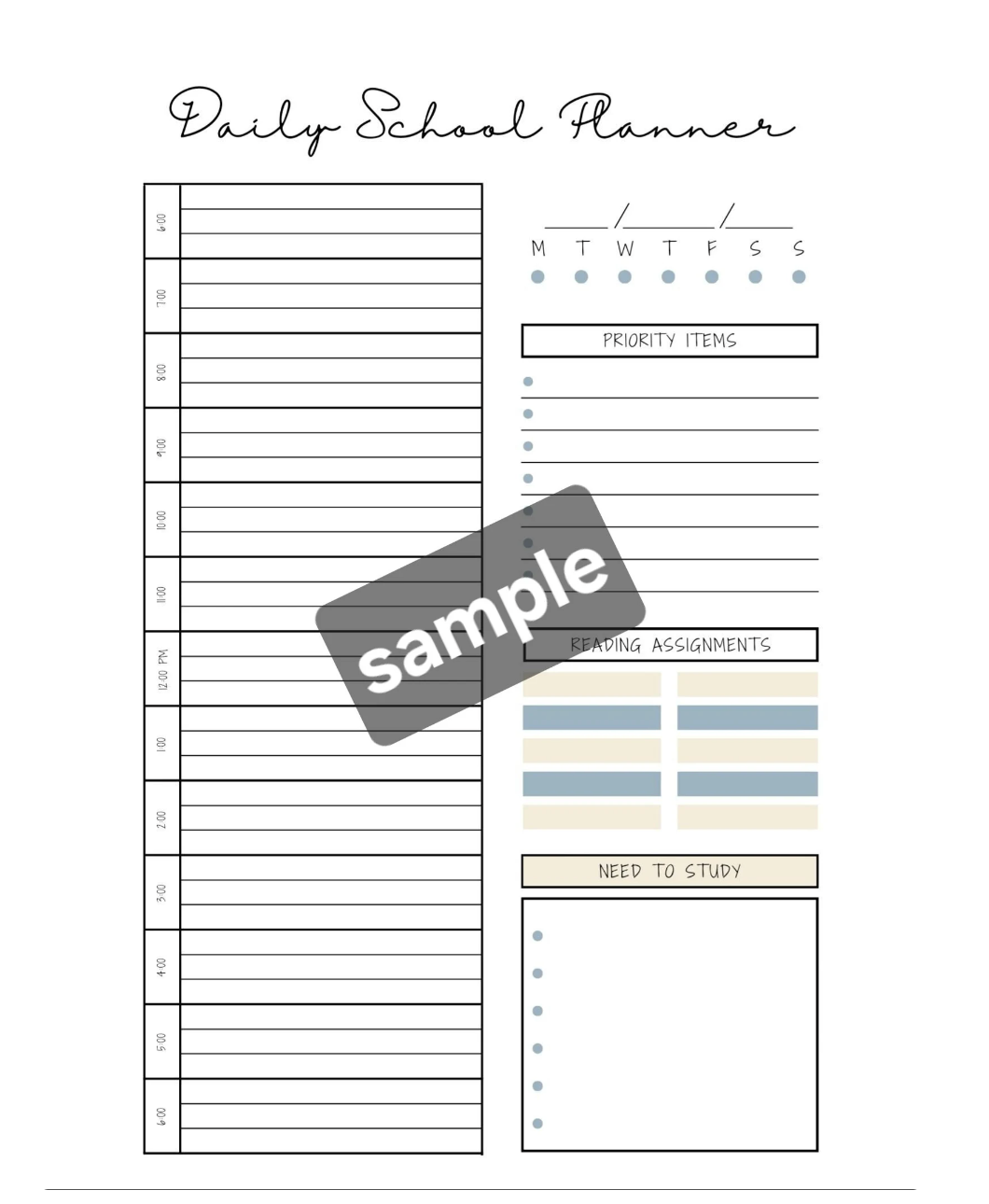 The Bradley Bunch -daily school planner digital printable download to improve high school or college organization