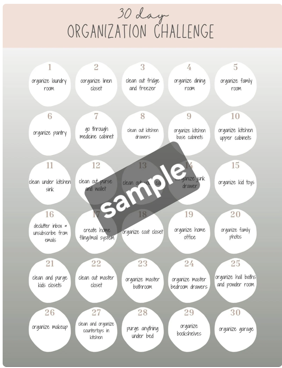 The Bradley Bunch -30 day organization challenge printable download digital