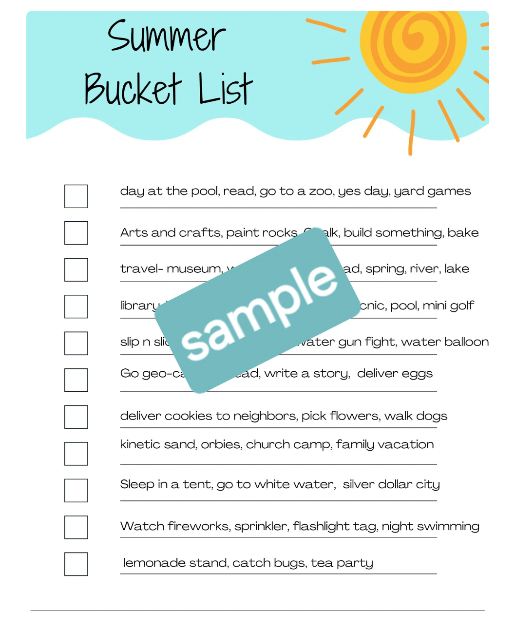 The Bradley Bunch - summer bucket list ideas digital download printable