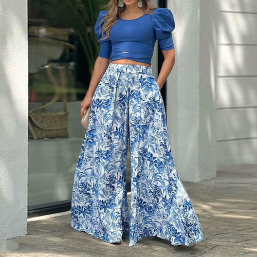 Sexy O Neck Puff Sleeve Crop Top and Wide Leg Trousers Suit