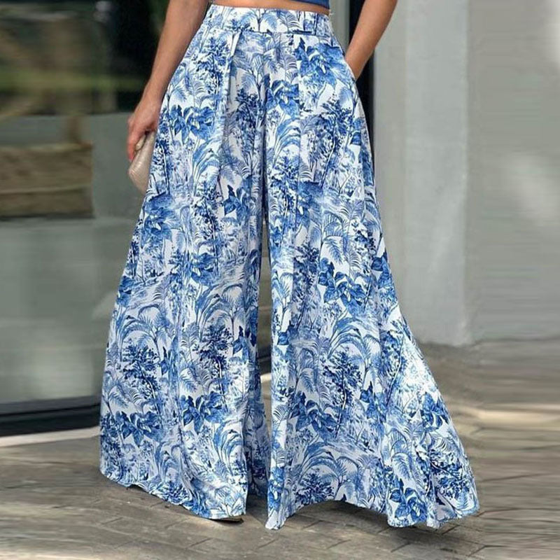 Sexy O Neck Puff Sleeve Crop Top and Wide Leg Trousers Suit