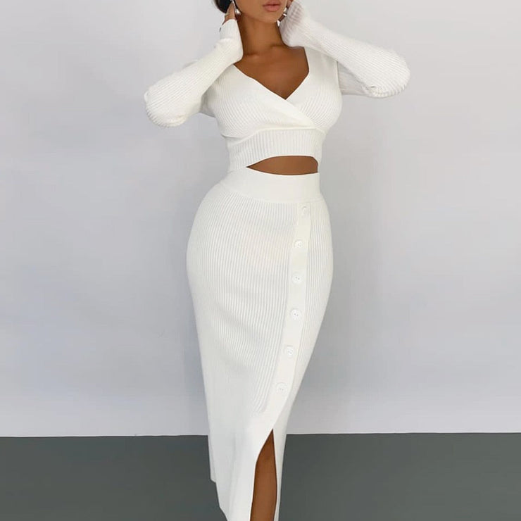 Sexy V Neck Long Sleeve Crop Knitted High Waist Skirt Set