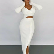 Sexy V Neck Long Sleeve Crop Knitted High Waist Skirt Set