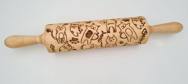 Engraved Rolling Pin Natural Wood Folk Kitchen Pins Handmade - Cats