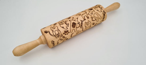 Engraved Rolling Pin Natural Wood Folk Kitchen Pins Handmade - Cats