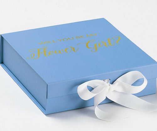 Will You Be My Flower Girl? Proposal Box Light Blue w/ white Bow- No