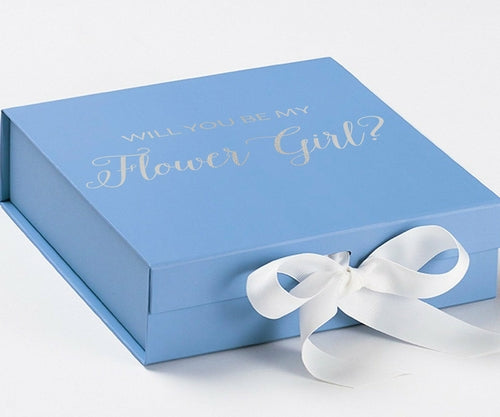 Will You Be My Flower Girl? Proposal Box Light Blue w/ white Bow- No