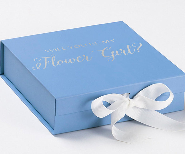 Will You Be My Flower Girl? Proposal Box Light Blue w/ white Bow- No