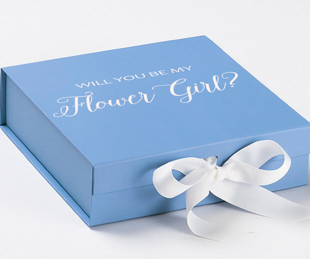 Will You Be My Flower Girl? Proposal Box Light Blue w/ white Bow- No